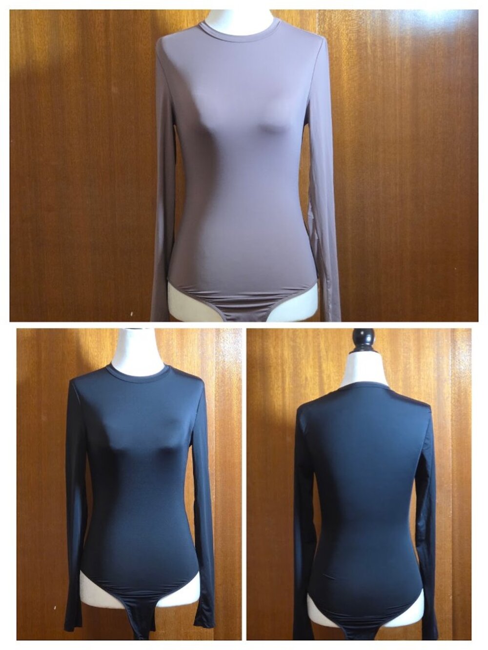Set of 2 Long Sleeve Crew Neck Thong Bodysuits Taupe & Black - S